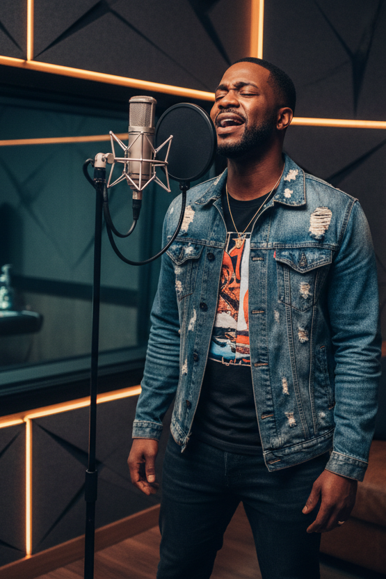 Man singing into a microphone in a recording studio